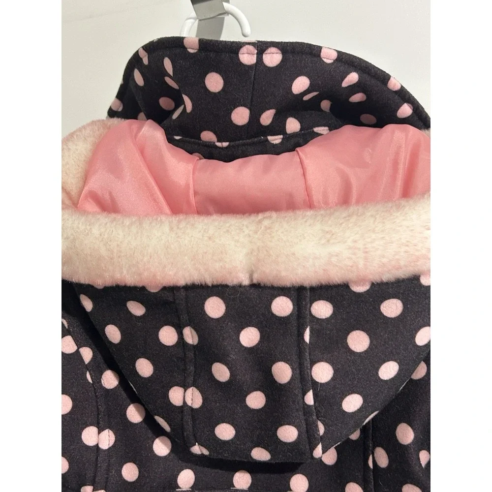 OshKosh 4T GIRLS‎ Brown Pink Pea Coat Polka Dot Winter Jacket Hood Faux Fur